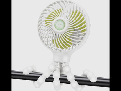 Small white fan with flexible tripod legs, compact circular grill, green power button. Available in 6", 8", and 10" sizes.
