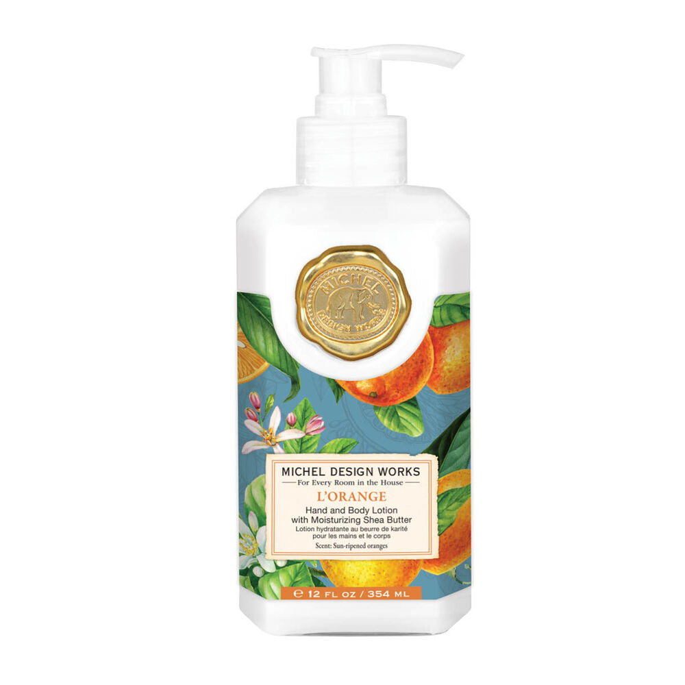 L’Orange Hand &amp; Body Lotion, 12 fl oz (354 ml), pump dispenser, orange blossom design, fresh citrus scent.
