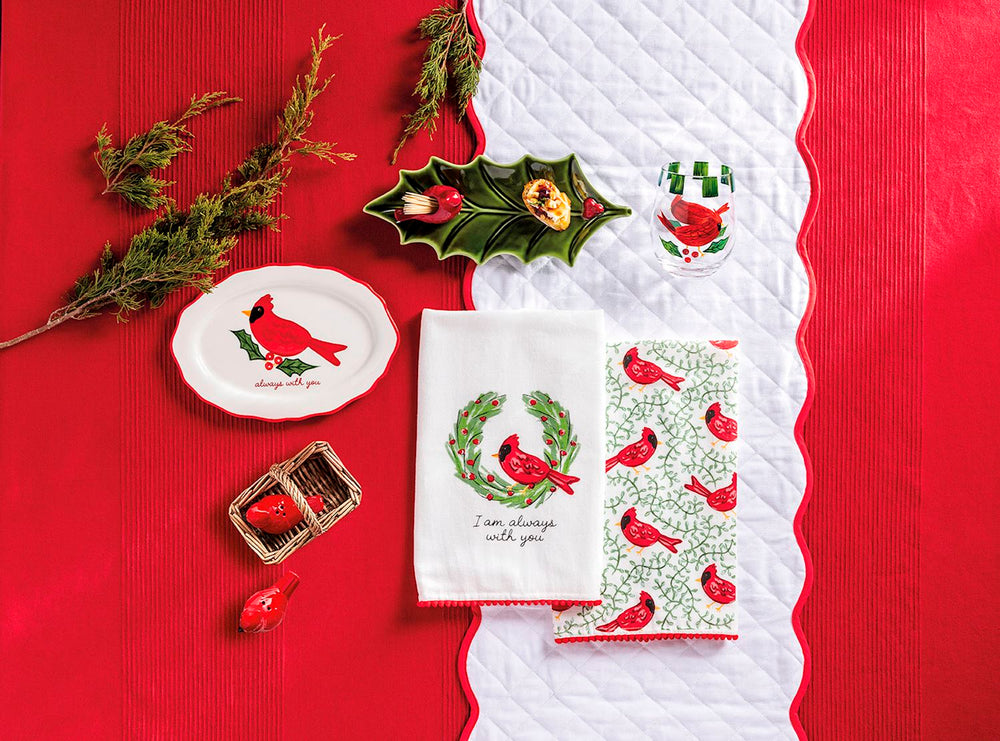 Two white cotton Cardinal Hand Towels with cardinal and wreath illustrations and the text “I am always with you.”.