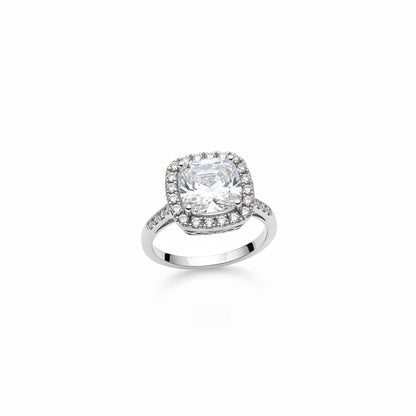 Midgle Silver Crystal Statement Ring with silver-tone finish, large square-cut clear gemstone center, smaller round diamonds on halo and band. Available in sizes 6, 7, and 8.