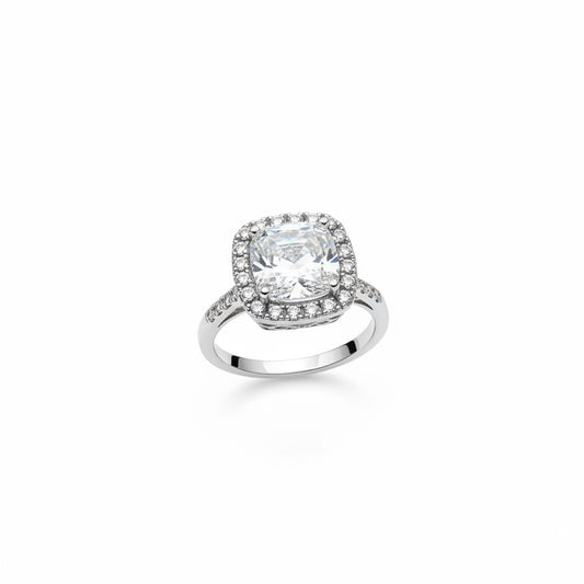 Midgle Silver Crystal Statement Ring with silver-tone finish, large square-cut clear gemstone center, smaller round diamonds on halo and band. Available in sizes 6, 7, and 8.