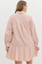 Striped Collared Tiered Dress: loose, long-sleeve pink and white striped mini dress with ruffled hem. Sizes XS–XL available.