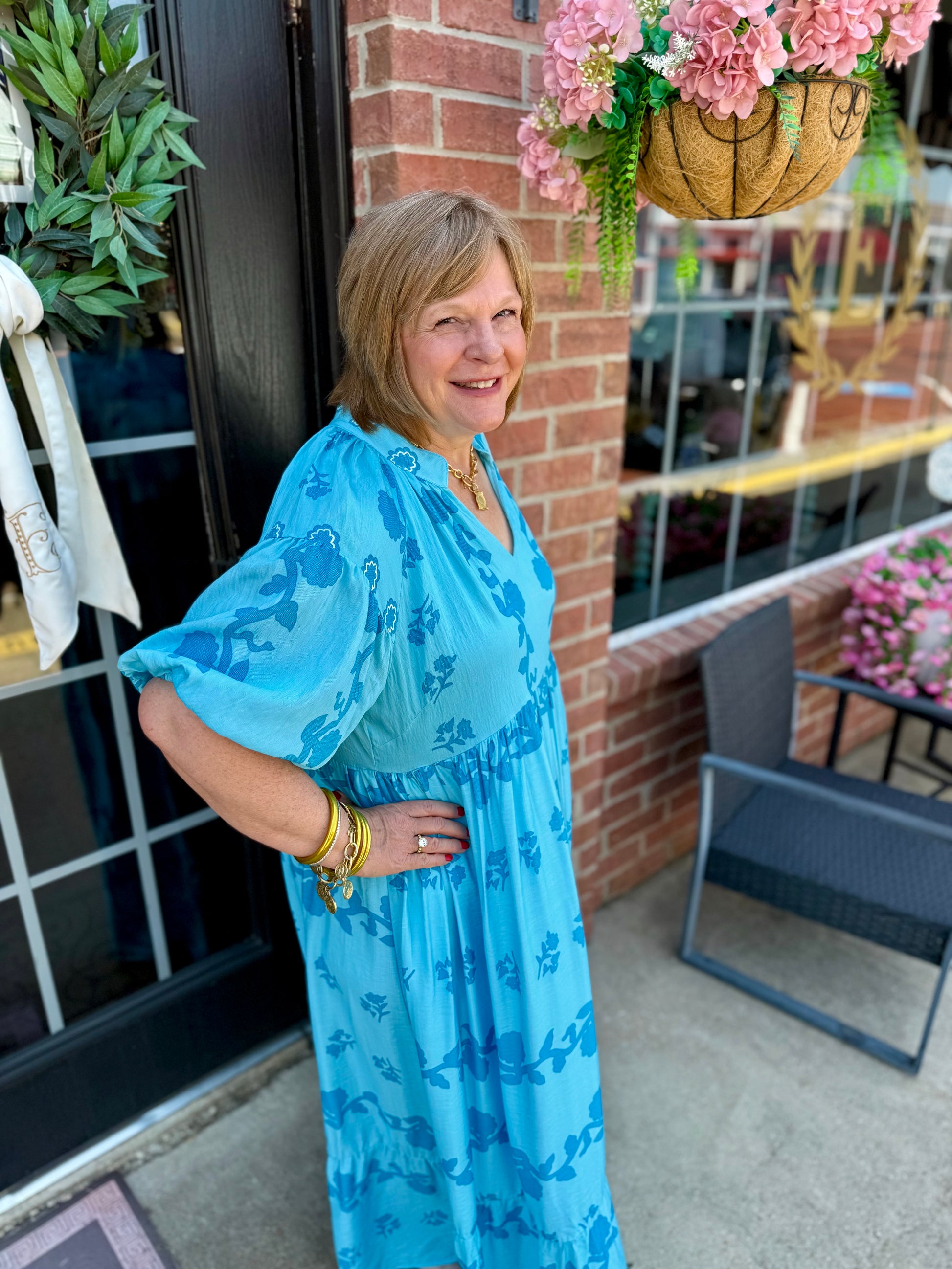 Chambray Vine Stippling Print Maxi Dress shown; available in sizes XS–XL.