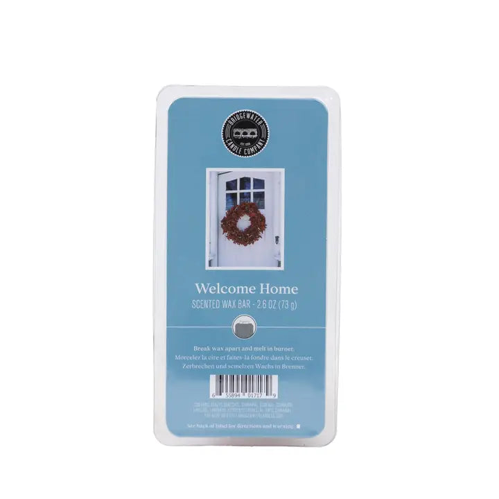 Bridgewater Wax Bar | Welcome Home: Blue rectangular package with white text, available in multiple sizes, essential oil scent.