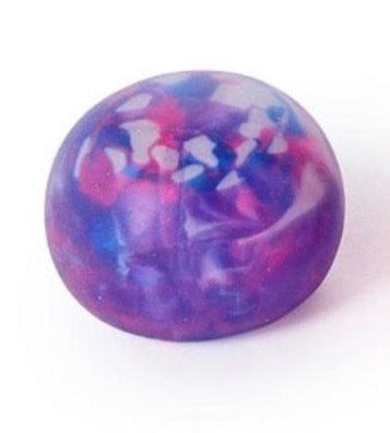 Round, smooth stress ball with vibrant marbled pattern in purple, blue, red, and white. Available in multiple sizes.