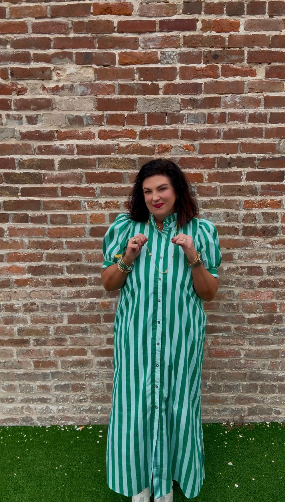 Green Stripe Ruffle Midi Dress in reg. & plus sizes, featuring a green and white vertical striped midi shirt dress style with puff sleeves.