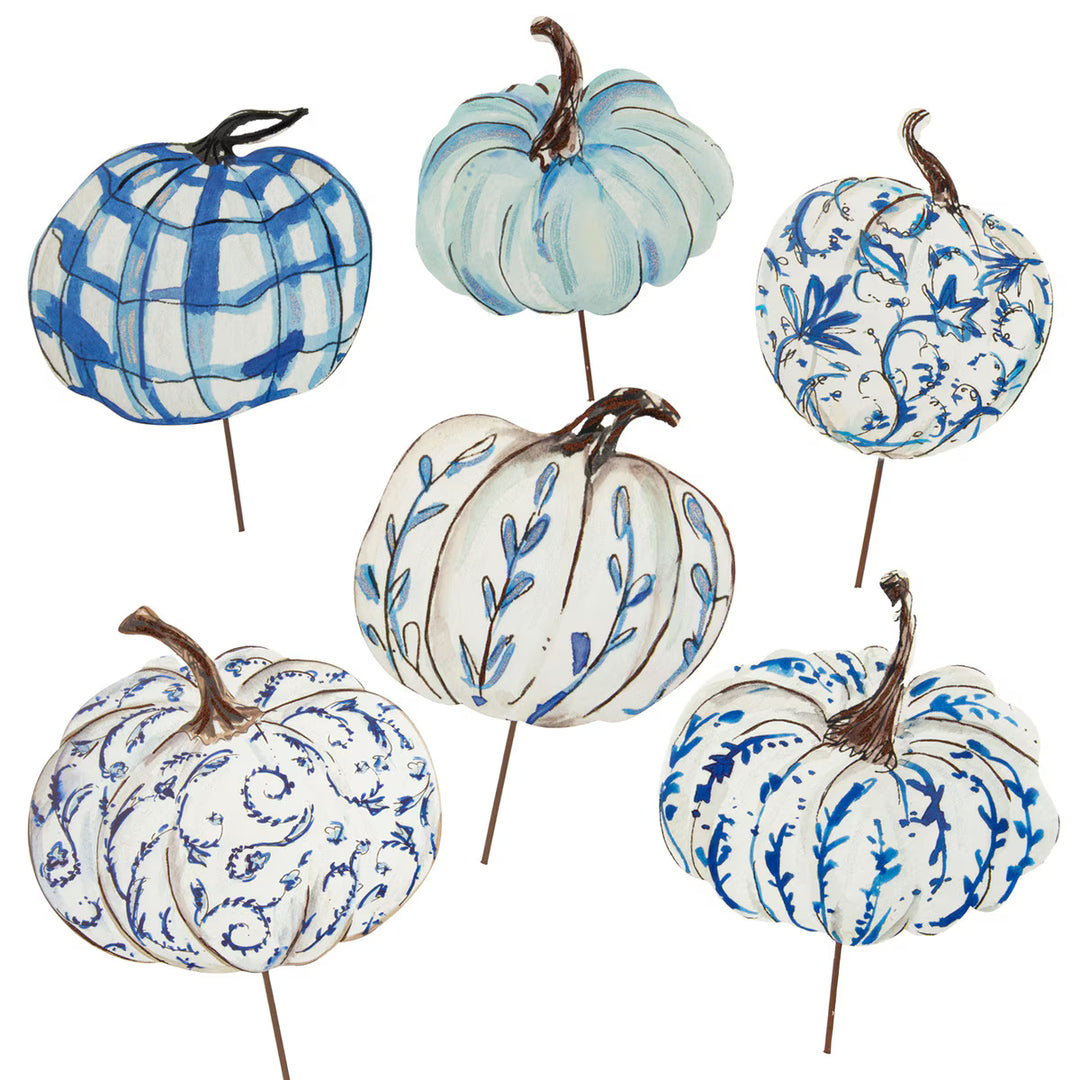 Six Beck’s Blue &amp; White Pumpkins in assorted plaid, floral, and vine patterns.
