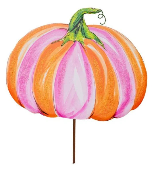 Beck’s Pink &amp; Orange Pumpkins garden stake with alternating orange and pink glittery stripes and a green stem.