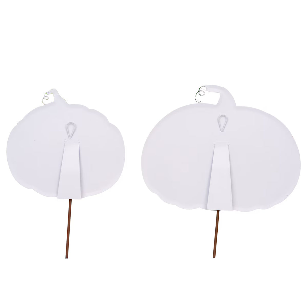 Back view of two Beck’s Pink &amp; Orange Pumpkin garden stakes with support stands and mounting hooks.