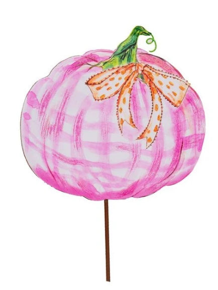 Beck’s Pink &amp; Orange Pumpkins pink and white plaid cutout on a thin stake, featuring a green stem and an orange polka-dot bow.