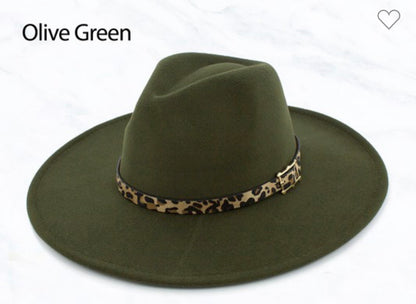 Olive green wide brim hat with leopard print band and buckle detail. Available in S, M, L.