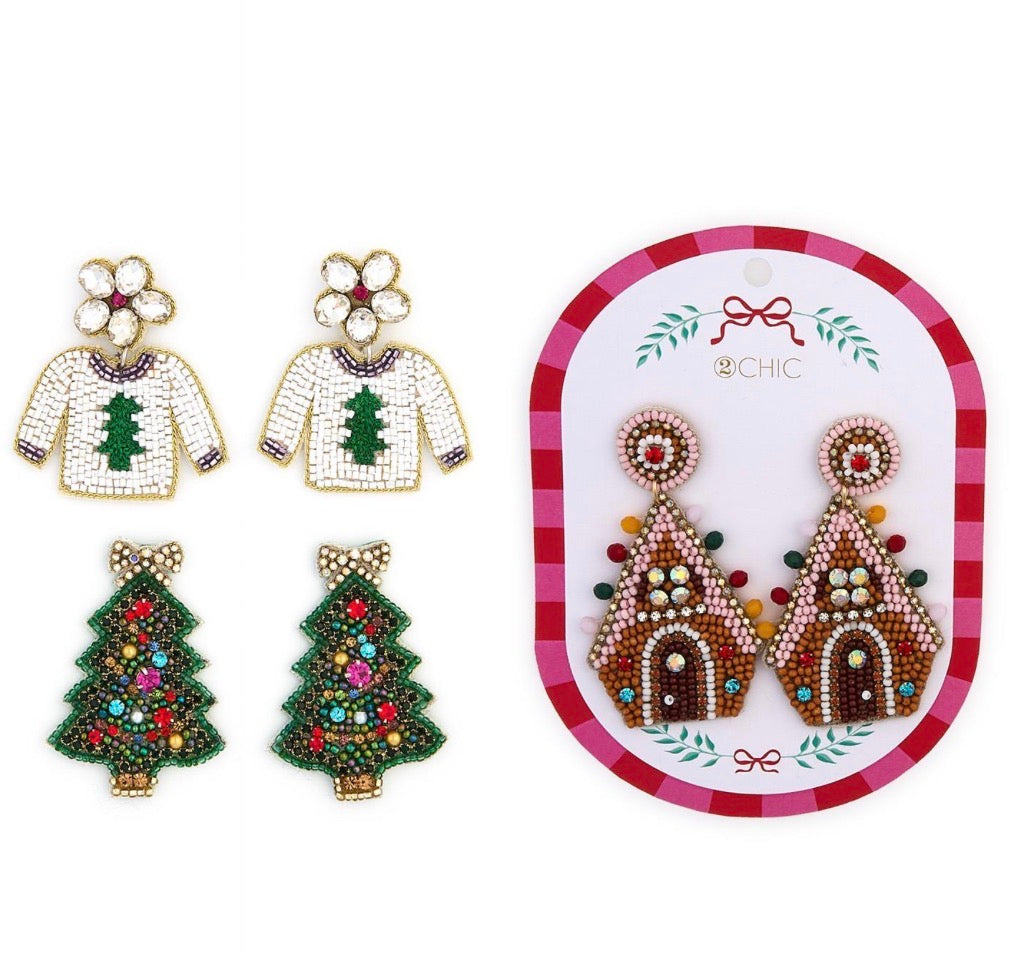 Holiday Earrings set with four pairs: white sweaters, Christmas trees, and two gingerbread house designs. Available in small and medium sizes.