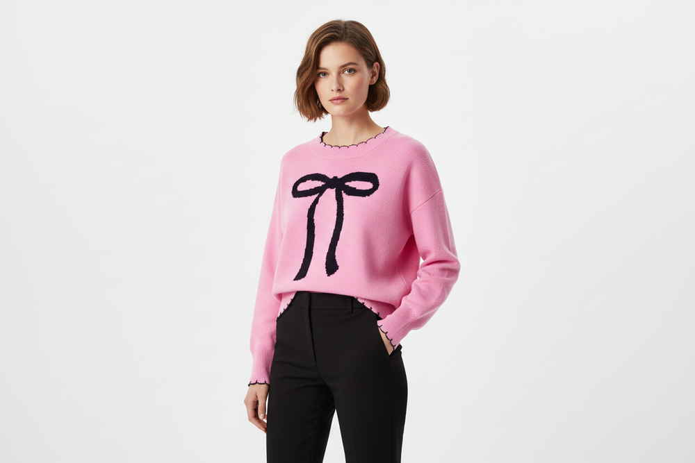 Pink Bow Sweater in soft pink with a bow detail. Available in sizes XS to XL.
