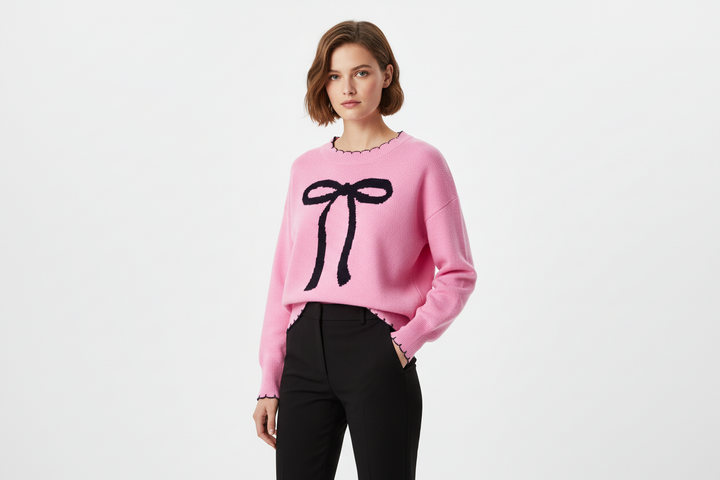 Pink Bow Sweater in soft pink with a bow detail. Available in sizes XS to XL.