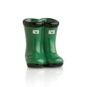 Shiny green mini galoshes with black soles and trim, white front label. Sizes available: mini. Use as toothpick holders.