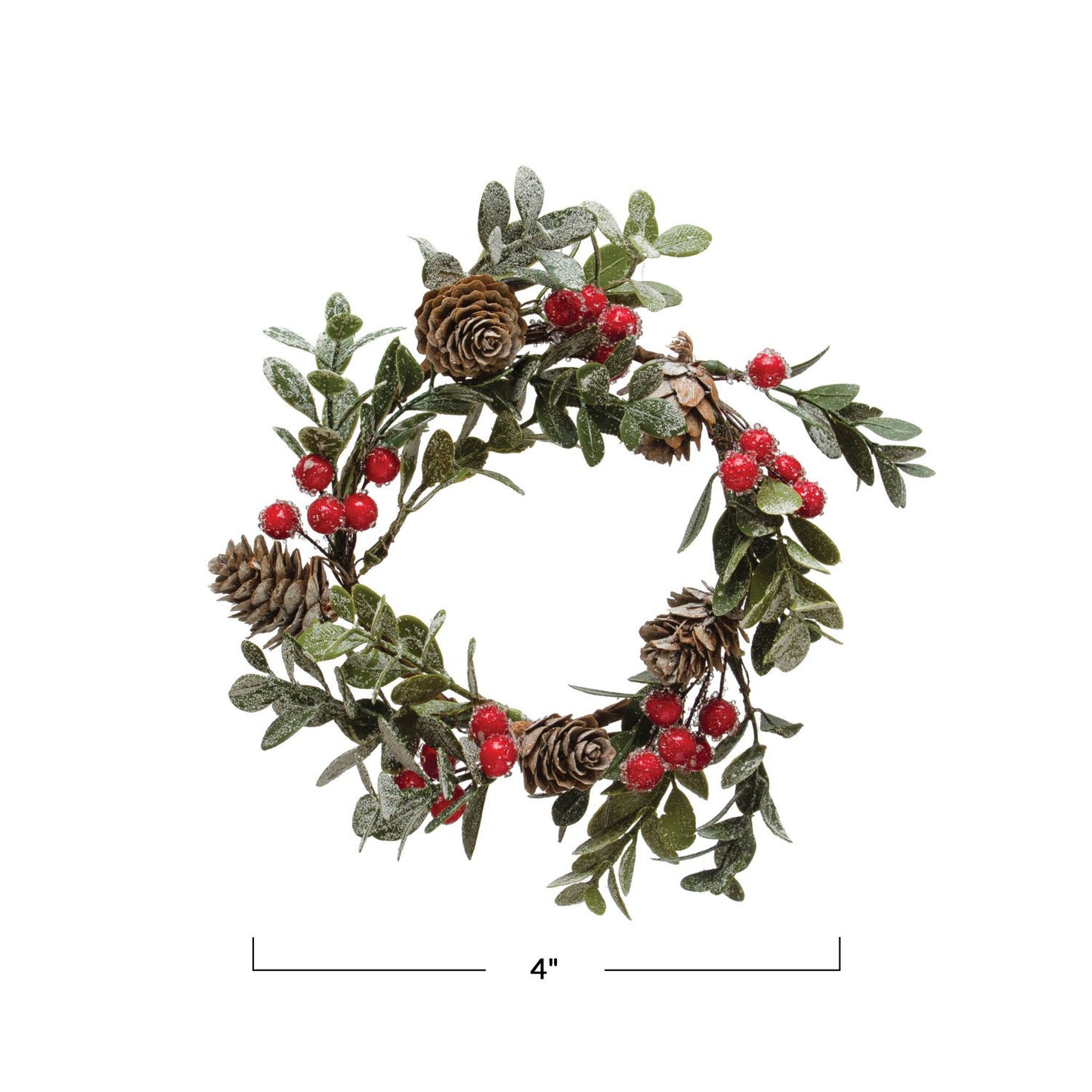 Round 4” Faux Boxwood Wreath w/ Pinecones & Red Berries