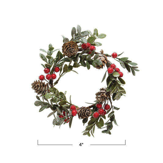 Round 4” Faux Boxwood Wreath w/ Pinecones & Red Berries