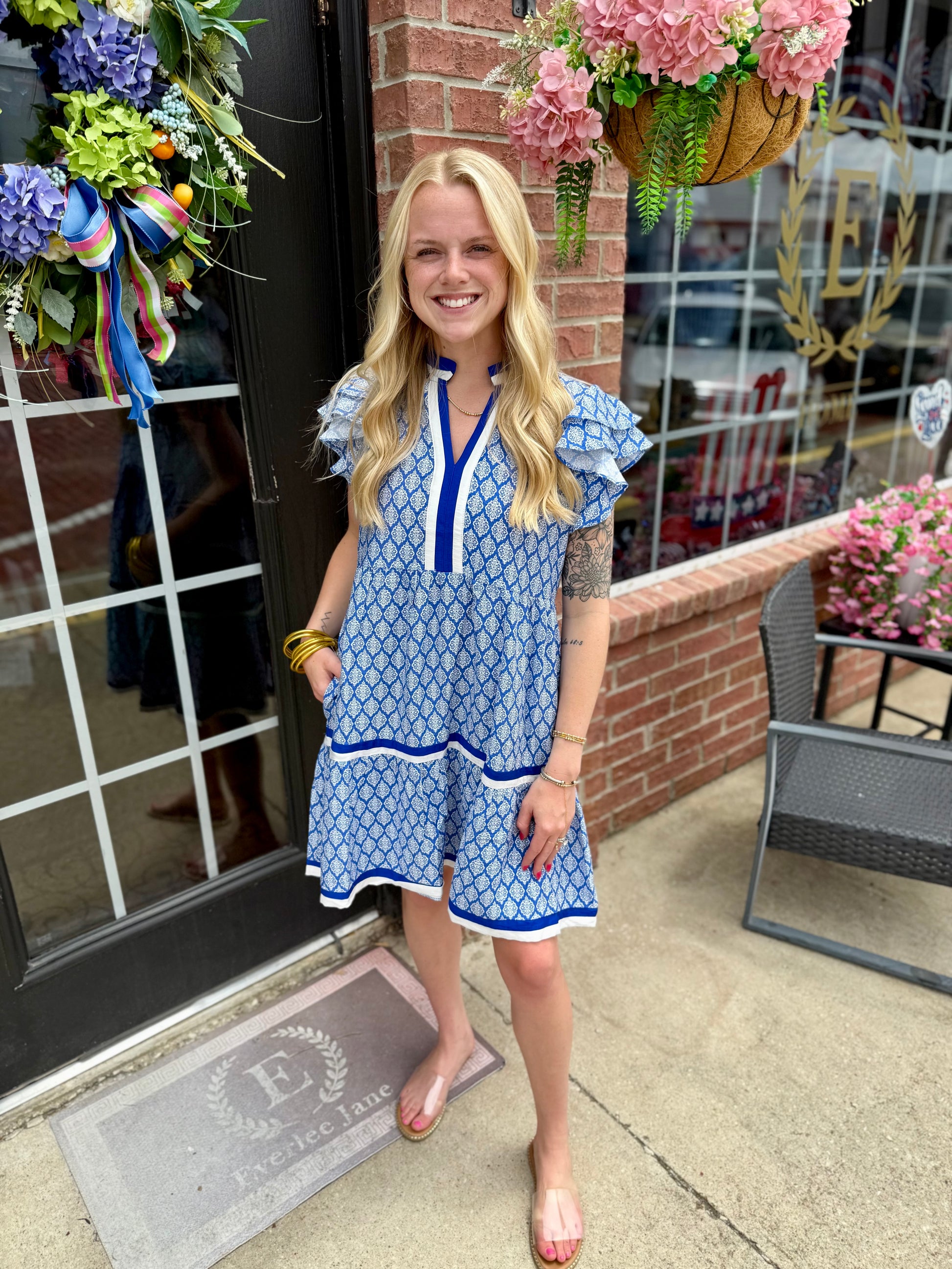 Royal Blue Baroque Pattern Tiered Dress, available in sizes XS–XL. Features tiered design and elegant baroque pattern.