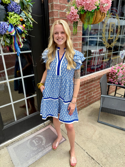 Royal Blue Baroque Pattern Tiered Dress, available in sizes XS–XL. Features tiered design and elegant baroque pattern.