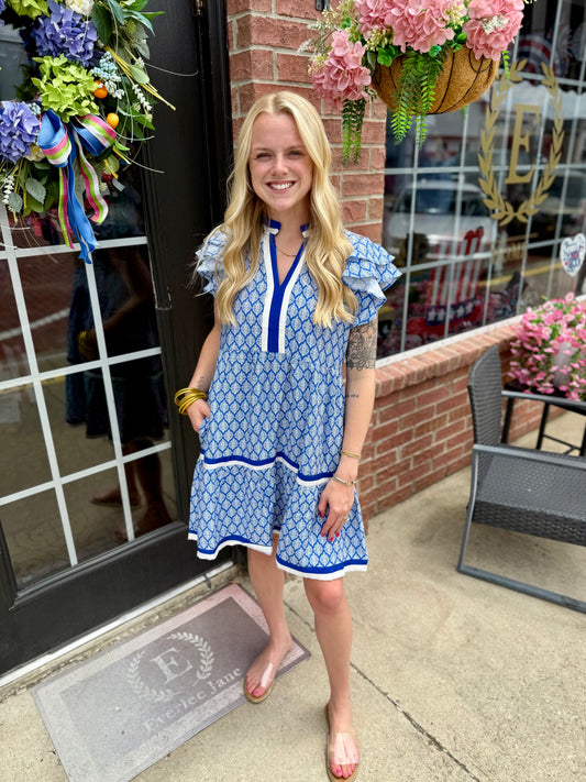 Royal Blue Baroque Pattern Tiered Dress, available in sizes XS–XL. Features tiered design and elegant baroque pattern.
