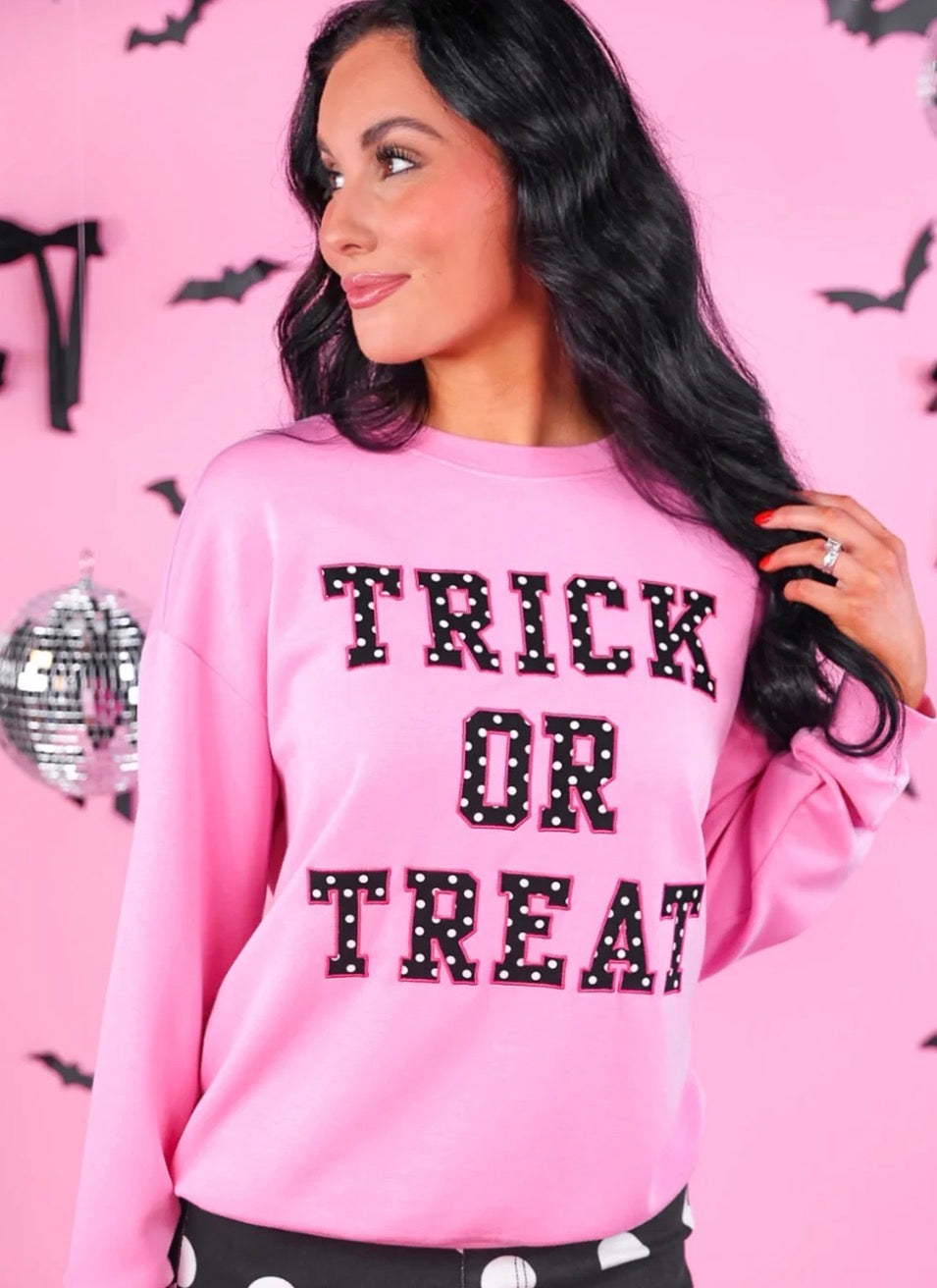 Trick or Treat Polka Dot Pullover, available in sizes XS-XXL.