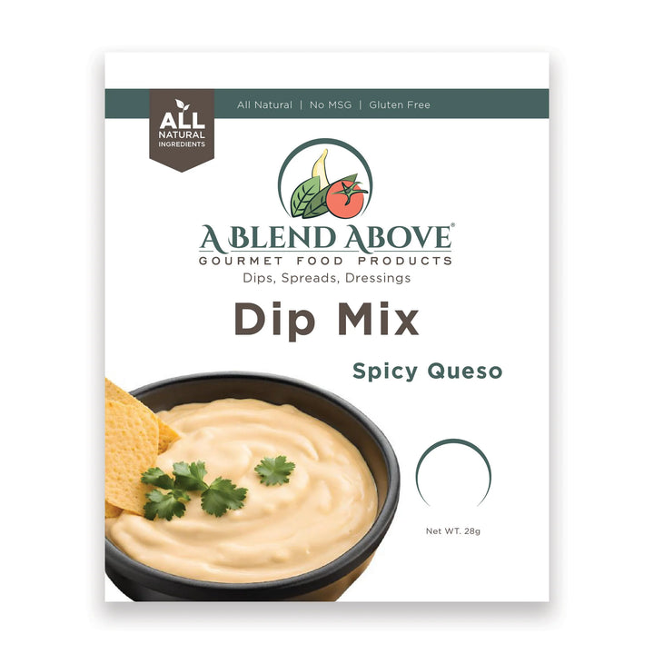 A Blend Above Dip Mix packet, Spicy Queso flavor, labeled all natural, gluten free, no MSG, 28g.