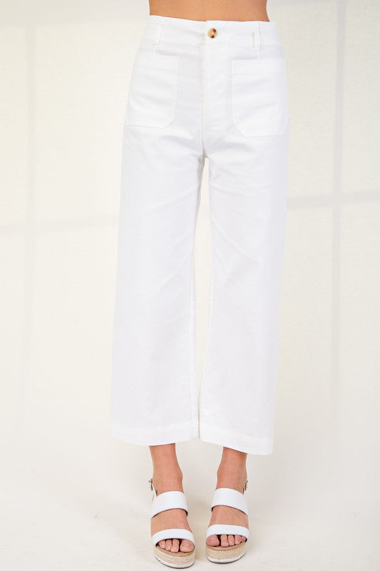 Ankle Cropped Summer Pants in stretchy denim-like fabric, high-waisted, wide-leg with front pockets. Sizes: XS–XL.