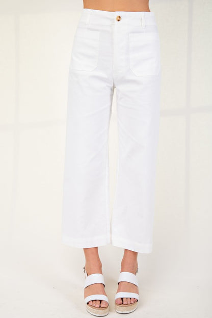Ankle Cropped Summer Pants in stretchy denim-like fabric, high-waisted, wide-leg with front pockets. Sizes: XS–XL.