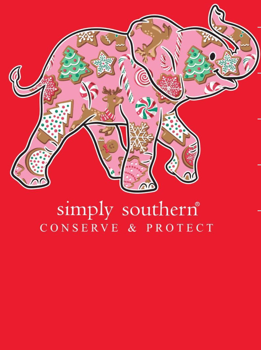 Red long-sleeve T-shirt featuring an elephant outline filled with Christmas cookies, reindeer, and candy canes, with “simply southern CONSERVE &amp; PROTECT” text.