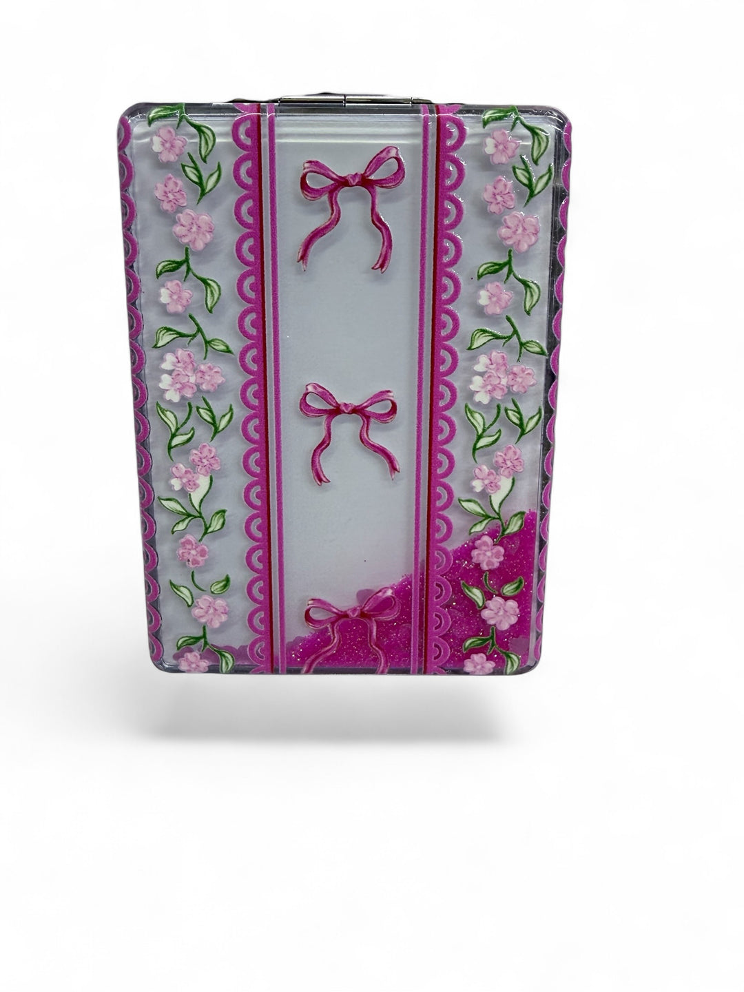 Rectangular Bowtiful Things Compact Mirror tin with pink bows, flowers, green vines, silver background. Sizes available.