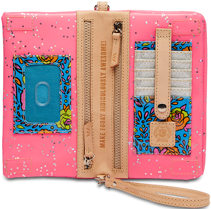Neon pink Uptown Crossbody purse with silver speckles, tan trim, wristlet strap, card slots. Sizes: S, M, L.