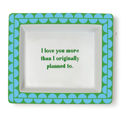 Square porcelain tray with blue and green border, green text. Available size: 6" x 6".