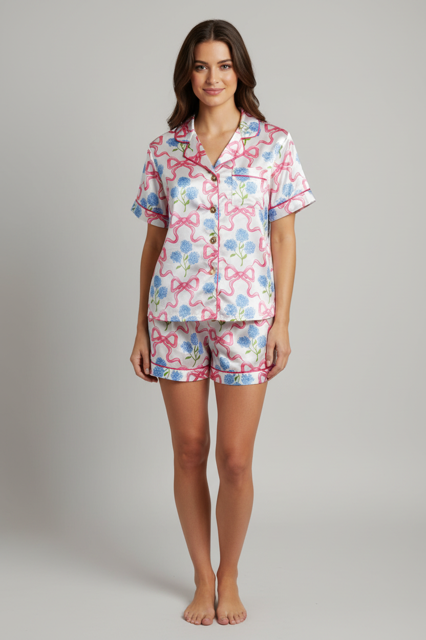Woman wearing a floral pajama set on a gray background