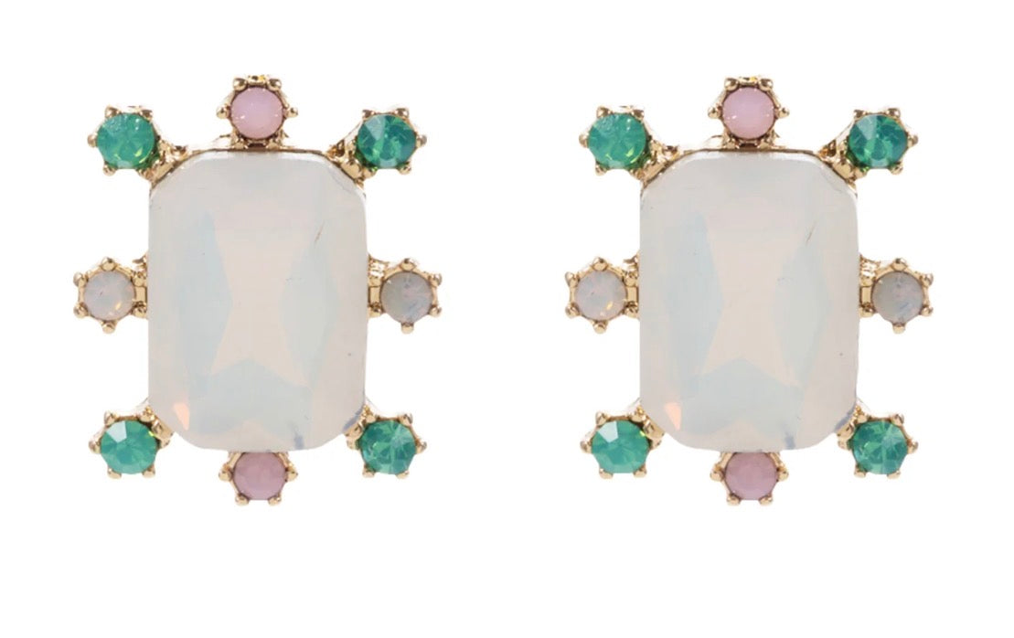 Rectangle Burst Stud Earrings with large rectangular white moonstones, bordered by small green, pink, and light blue round gems in a symmetrical gold setting. Available in small and medium sizes.