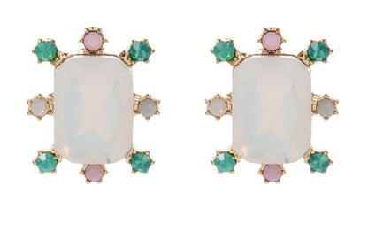 Rectangle Burst Stud Earrings with large rectangular white moonstones, bordered by small green, pink, and light blue round gems in a symmetrical gold setting. Available in small and medium sizes.