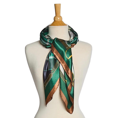 Tartan Silk Scarf in green with gold and brown accents, available in S, M, L.