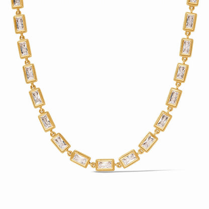 Baguette Tennis Necklace: 24K gold plated with evenly spaced baguette-cut gemstones. Available in multiple sizes.