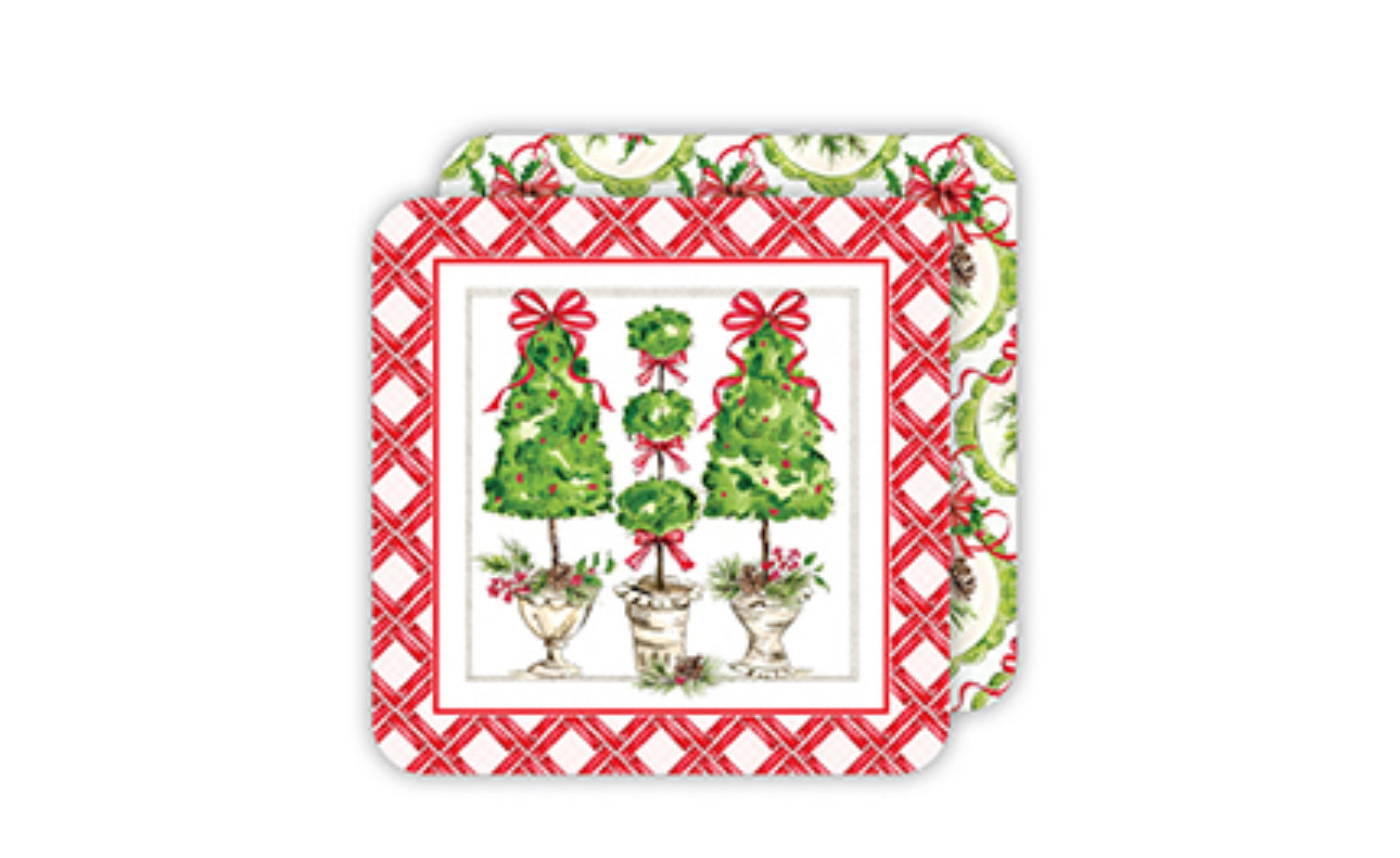 Holiday Square Coaster Handpainted. Features festive napkins with topiaries, red bows, and decorative pots. Red lattice border. Green wreaths with red bows on white background. Sizes: 4x4 inches.