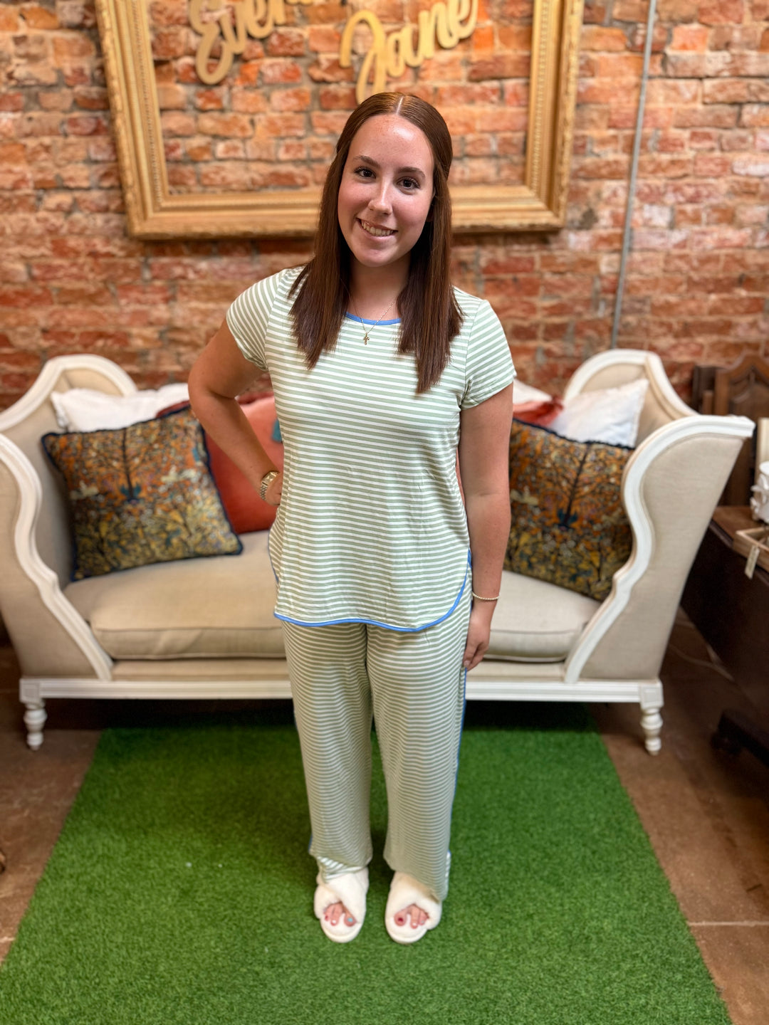 Melody Green Stripe Pants Set: relaxed-fit green and white striped pajama top with matching pants. Available in sizes XS-XL.
