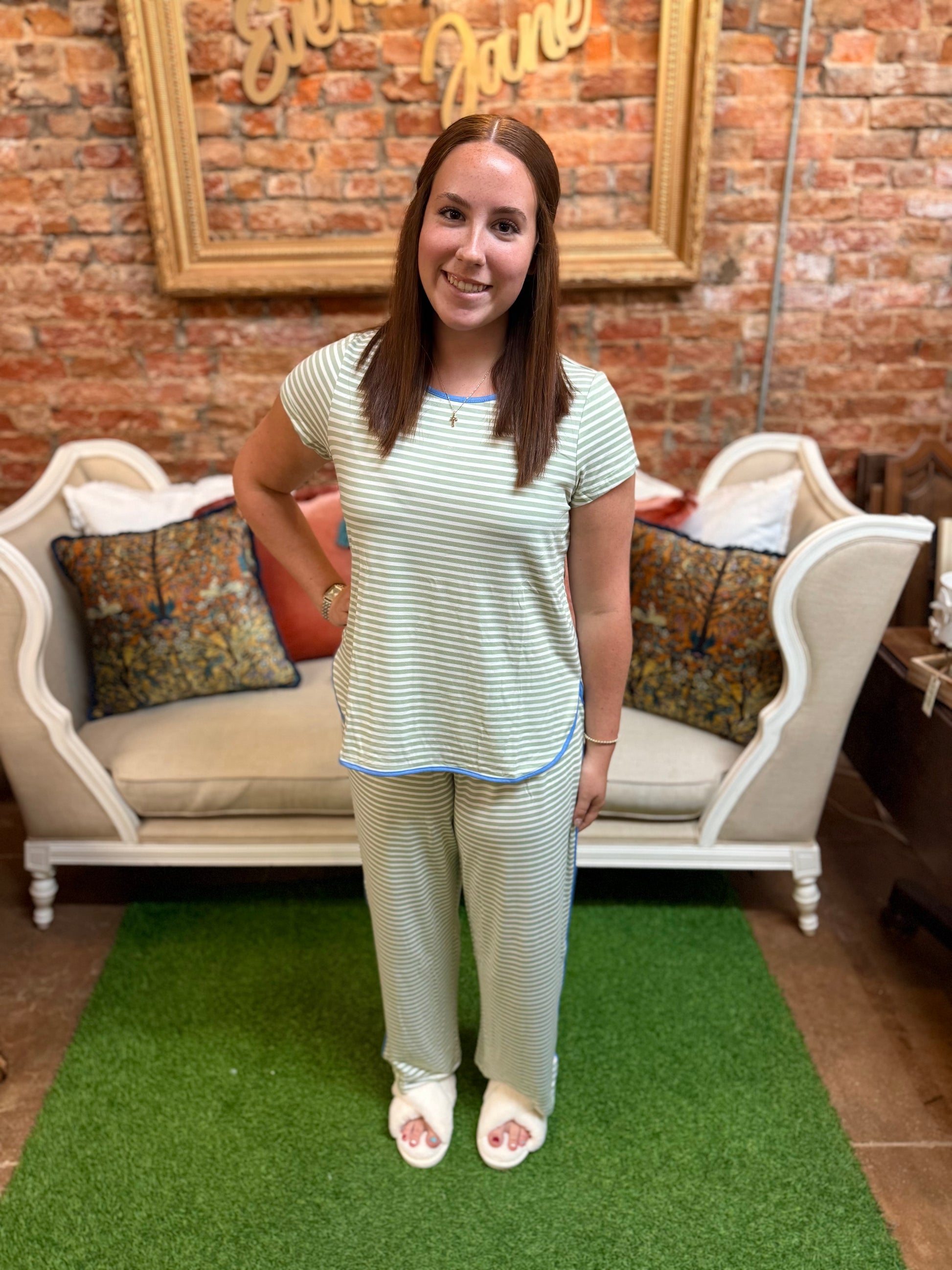 Melody Green Stripe Pants Set: relaxed-fit green and white striped pajama top with matching pants. Available in sizes XS-XL.
