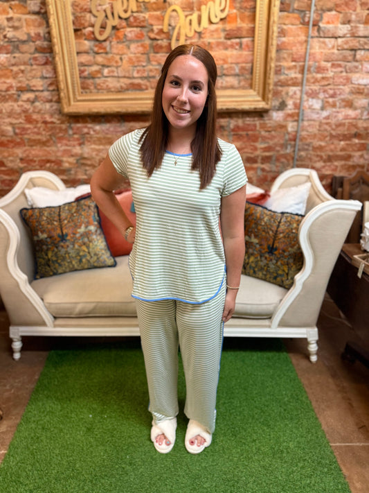 Melody Green Stripe Pants Set: relaxed-fit green and white striped pajama top with matching pants. Available in sizes XS-XL.