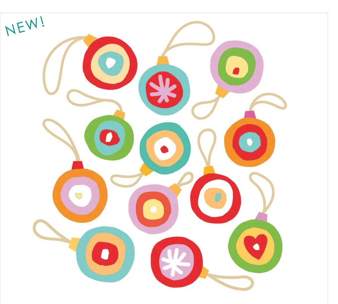 Ten colorful, hand-drawn style holiday napkins, 3-ply, featuring concentric circles, stars, and heart patterns.