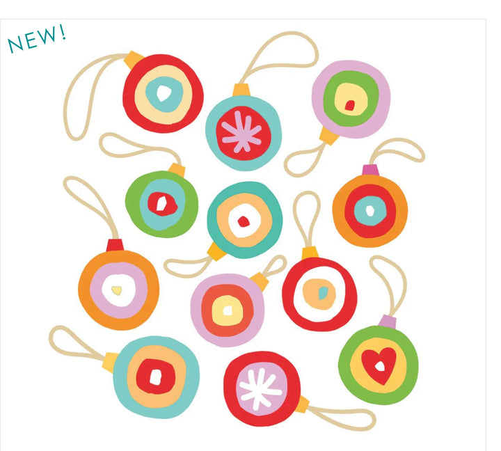 Ten colorful, hand-drawn style holiday napkins, 3-ply, featuring concentric circles, stars, and heart patterns.