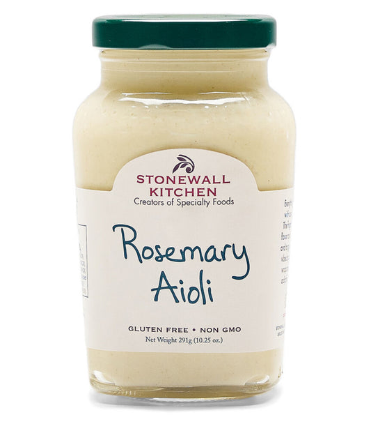 10.25 oz glass jar of Rosemary Aioli with green lid; gluten free, non-GMO.