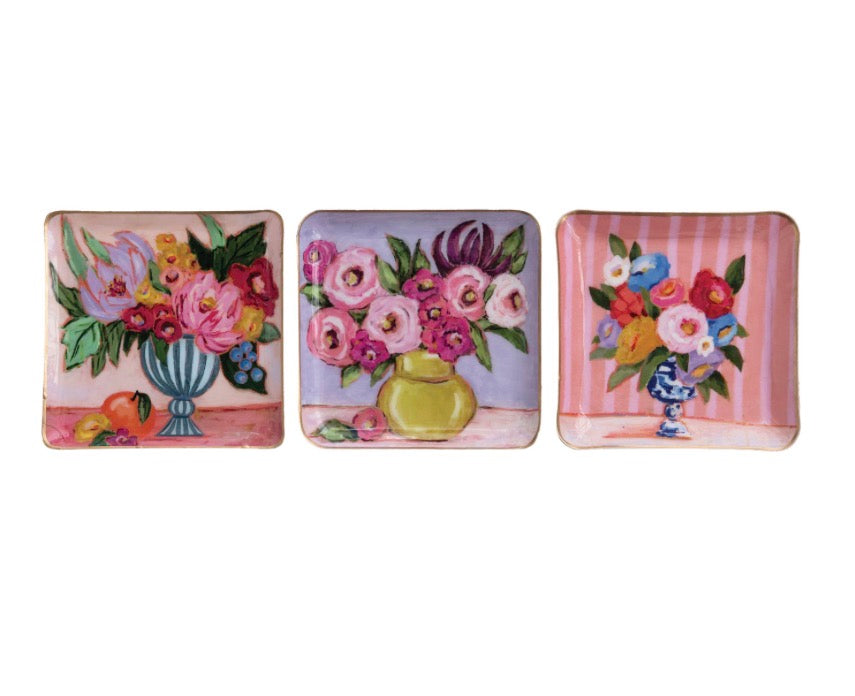 Set of three square enamel floral trays, each featuring a hand-painted bouquet of flowers in vases. Available sizes: small, medium, large.