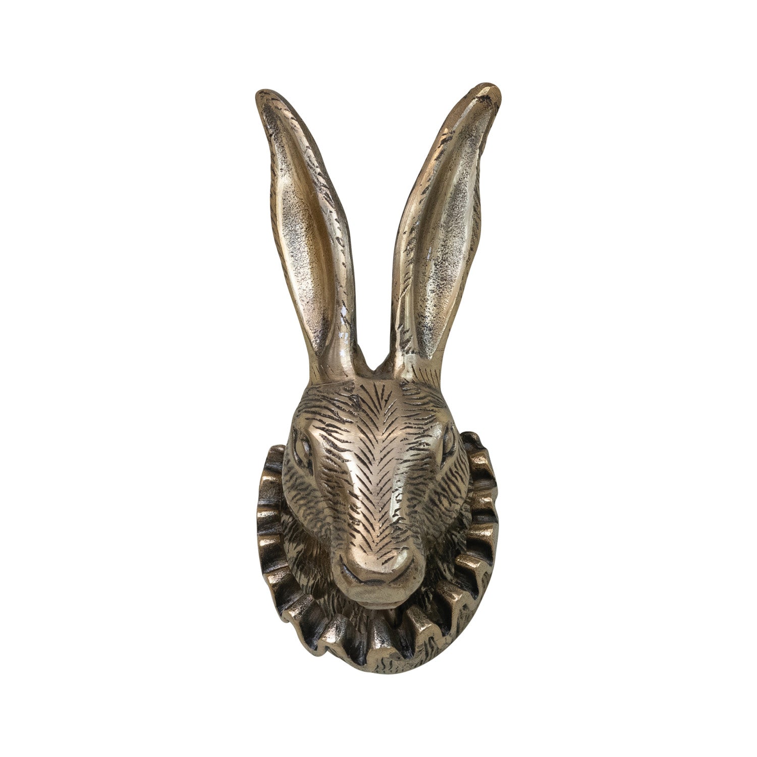 Cast Aluminum rabbit head wall décor with tall ears, ruffled collar, antique brass finish. Available in 10" and 14" sizes.