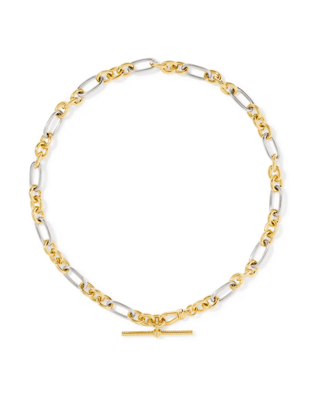 The Embry Link Chain Necklace by Kendra Scott features alternating large silver oval links and smaller gold round links with a central horizontal gold T-bar closure. Available in standard necklace sizes.