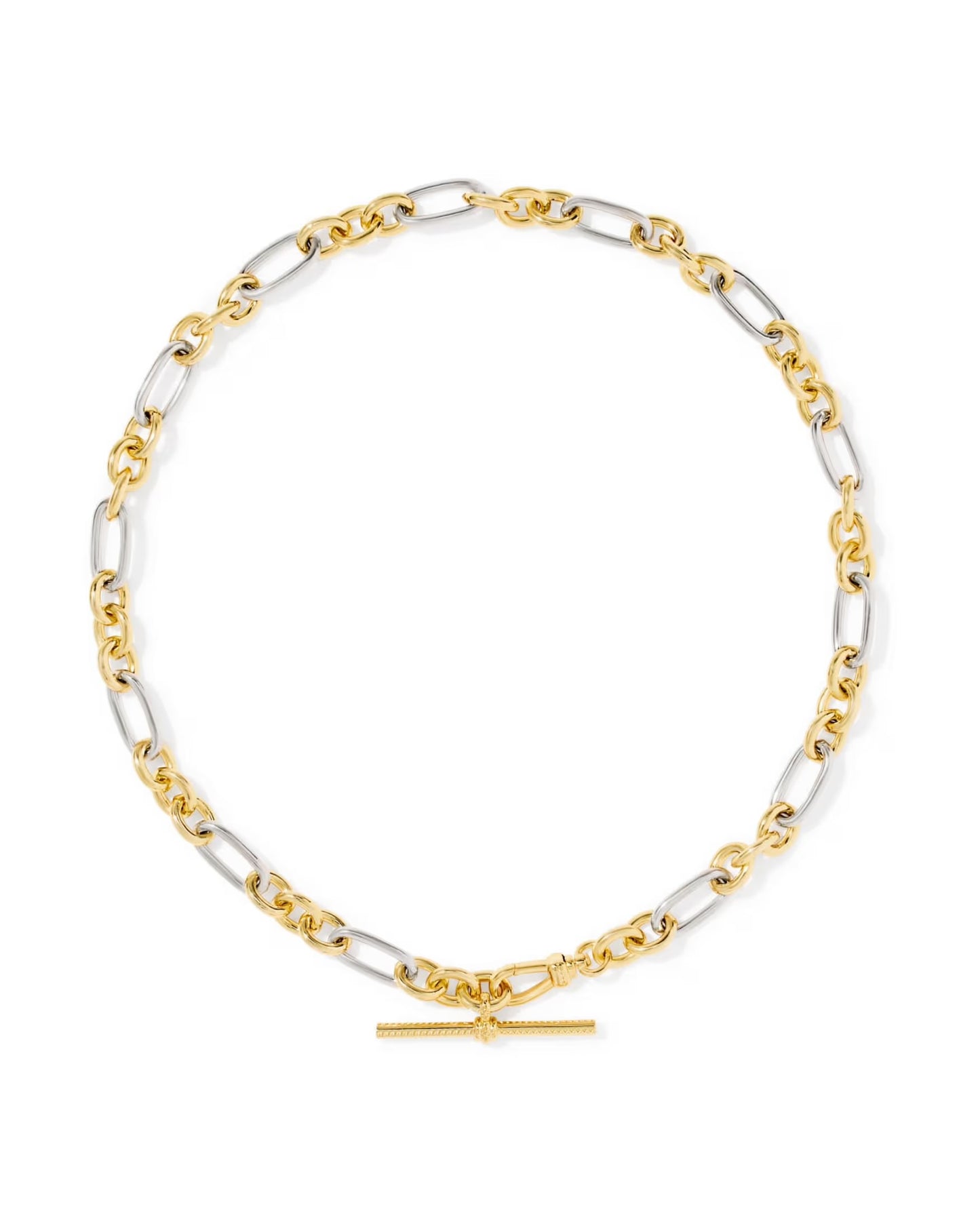 The Embry Link Chain Necklace by Kendra Scott features alternating large silver oval links and smaller gold round links with a central horizontal gold T-bar closure. Available in standard necklace sizes.