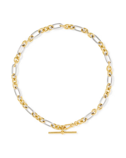 The Embry Link Chain Necklace by Kendra Scott features alternating large silver oval links and smaller gold round links with a central horizontal gold T-bar closure. Available in standard necklace sizes.