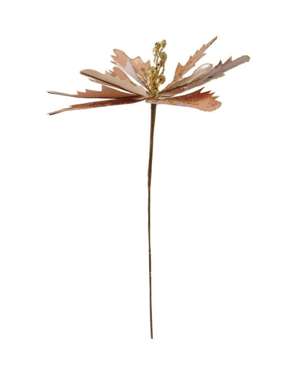 Rose Gold Floral Pick with layered petals and a glittery center on a long stem.